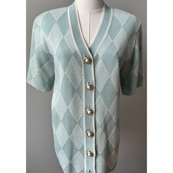 Ami Knits Vintage Sweater & Pant Set Size 12 Blue Argyle Pearl Button Knit USA